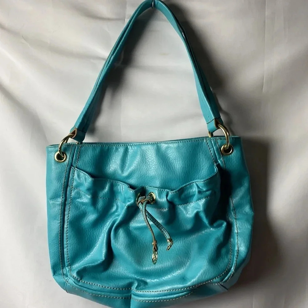 RELIC TURQUOISE SHOULDER STRAP‎ PURSE TAN STITCHING LINED SNAP CLOSE POCKETS - Picture 2 of 13